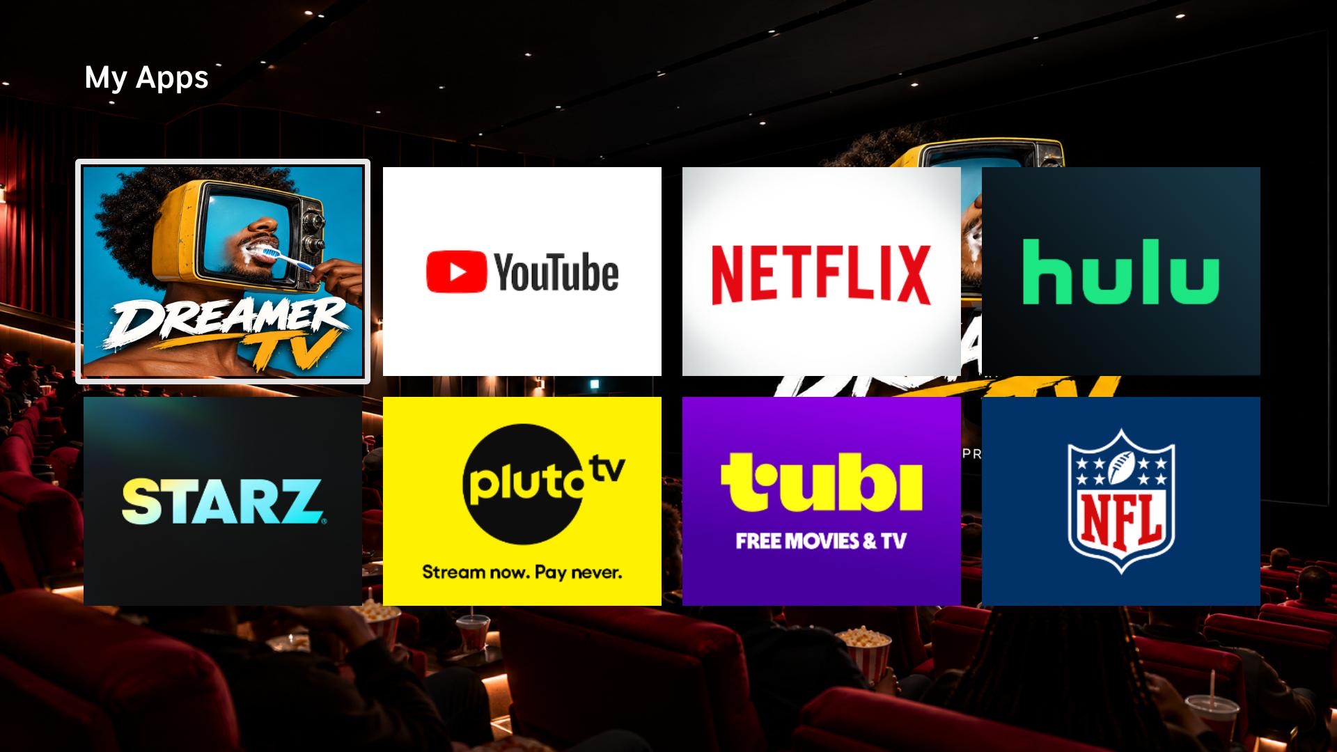 The CleanYourRoku launcher: a grid of app tiles titled My Apps over a movie theater background, with no recommendation rows or ads.