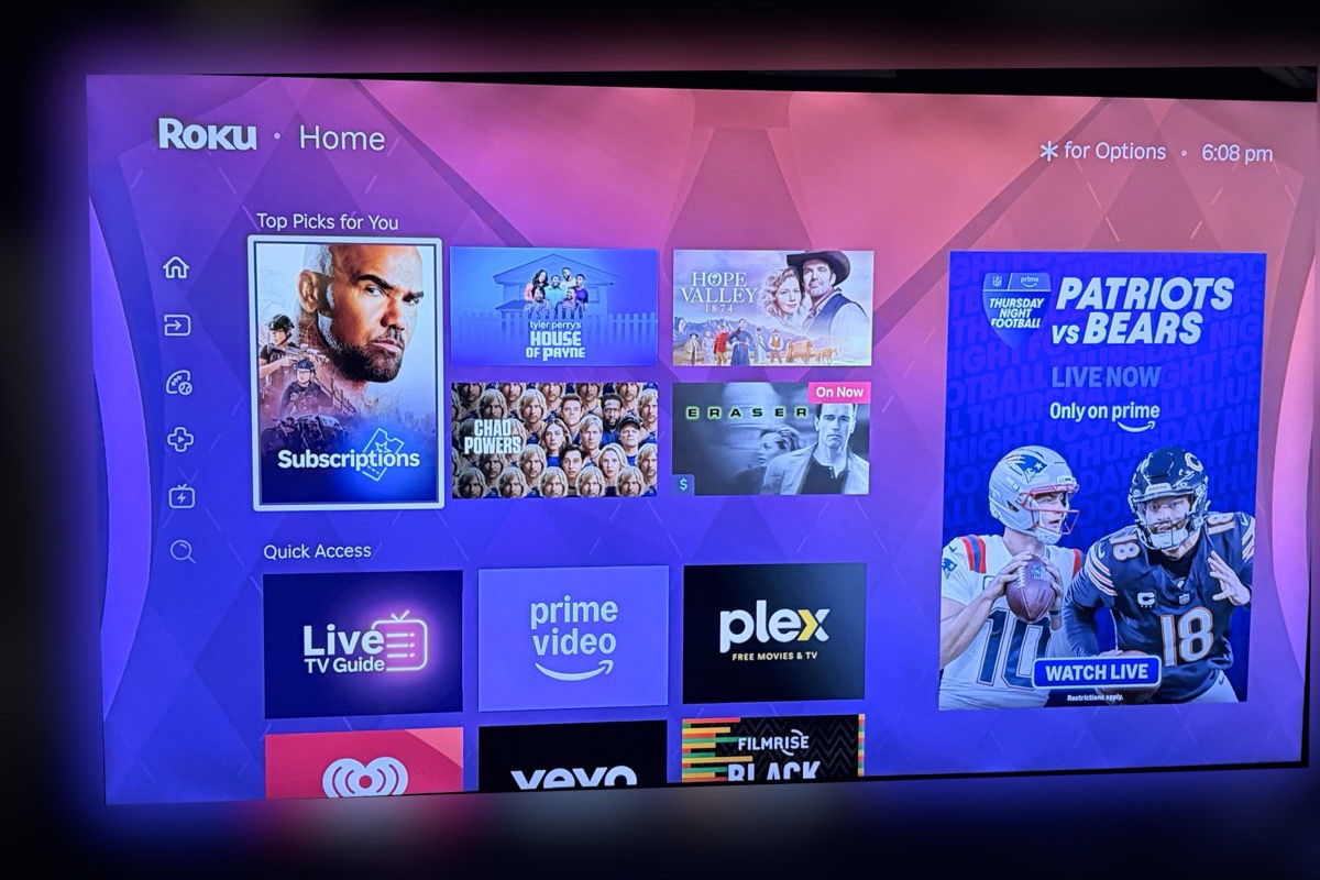 Photo of a stock Roku home screen with a Top Picks for You row, and a large football ad on the right.